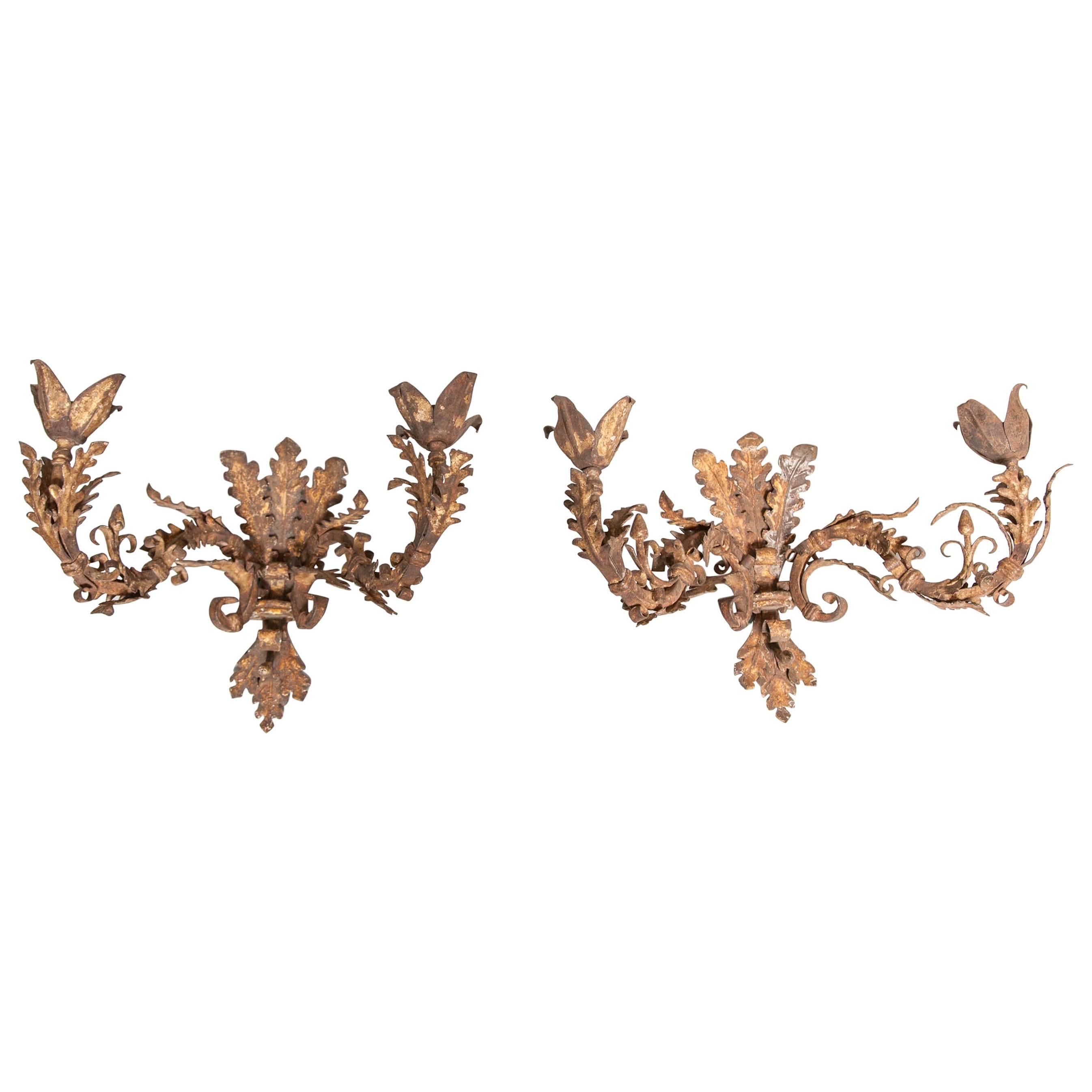 Pair of Italian Gilded Wrought Iron Wall Lights, Appliques, circa 1650 For Sale