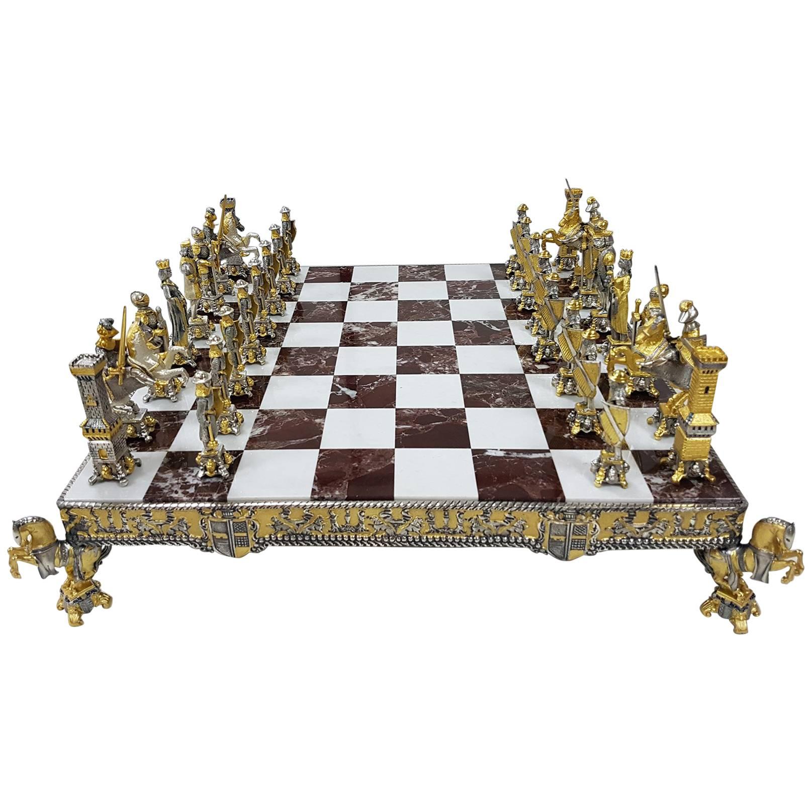 20th Century Italian Sterling Silver Chess Board and Chess Game. Made in Italy