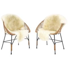 Mid-Century Iron and Rattan Chairs with Brazilian Sheepskins, Pair