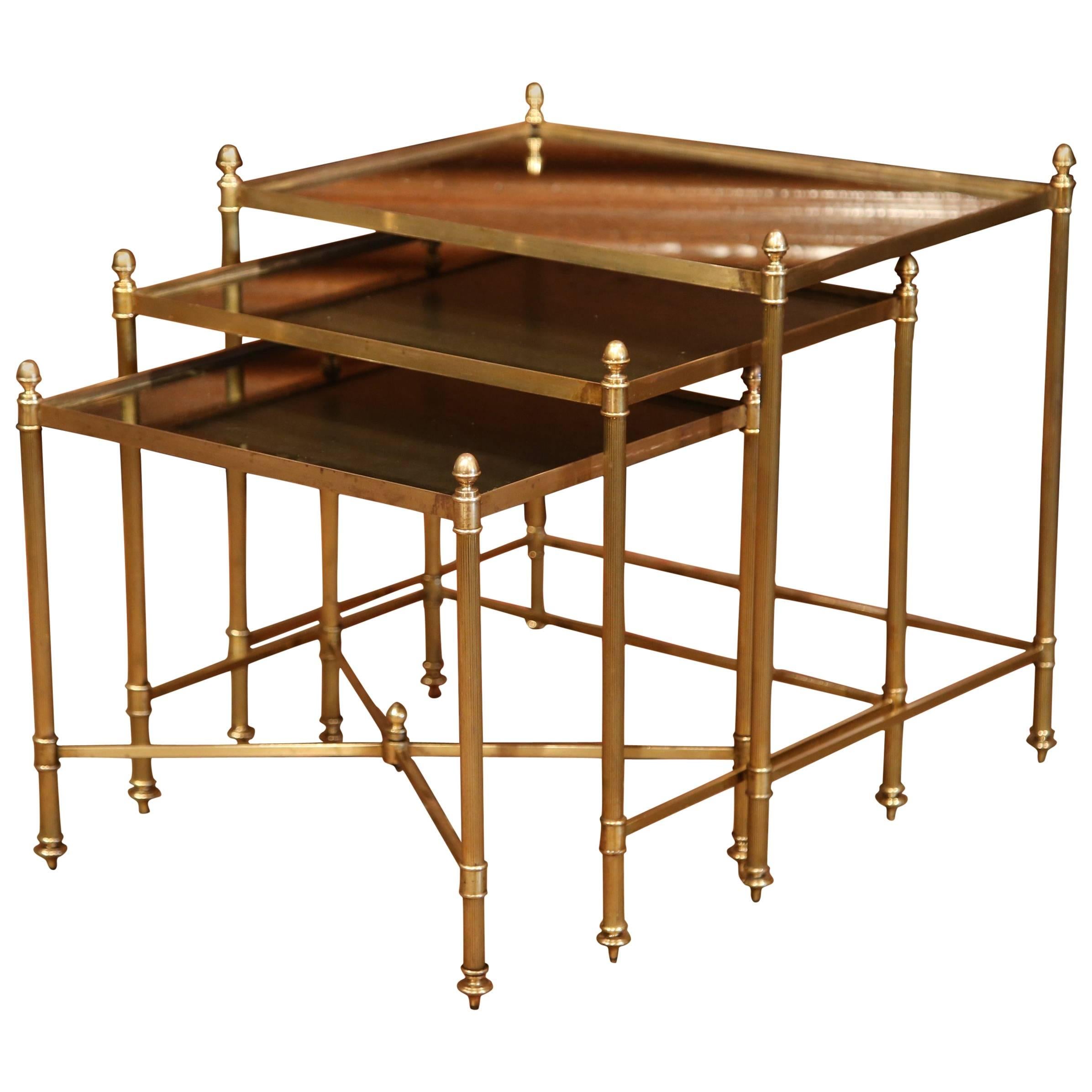 Set of Early 20th Century French Brass and Églomisé Nesting Tables