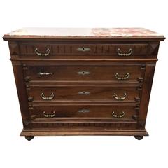 French Walnut Four-Drawer Chest with a Marble Top, 19th Century