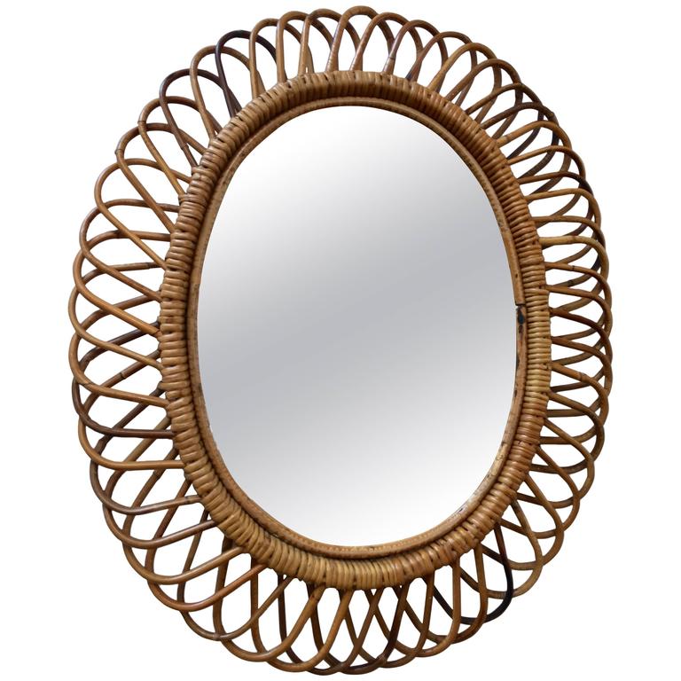 Italian Rattan Wall Mirror in the Style of Franco Albini at 1stdibs