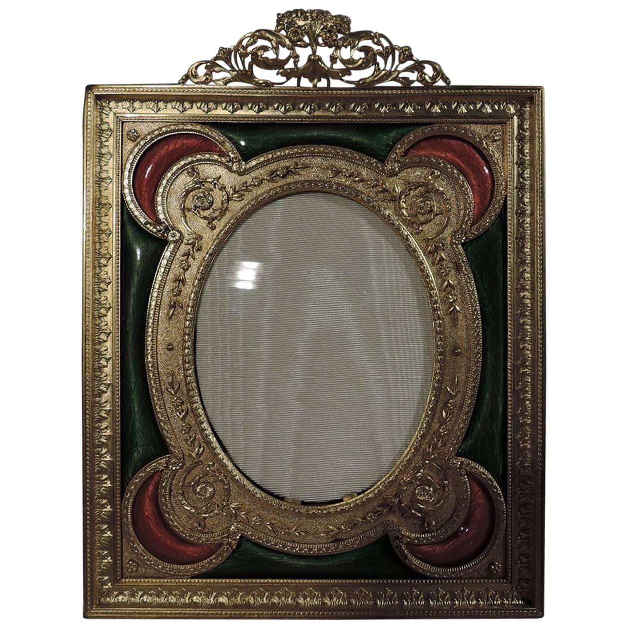 Antique French Gilt Bronze Picture Frame with Pink and Green Enamel