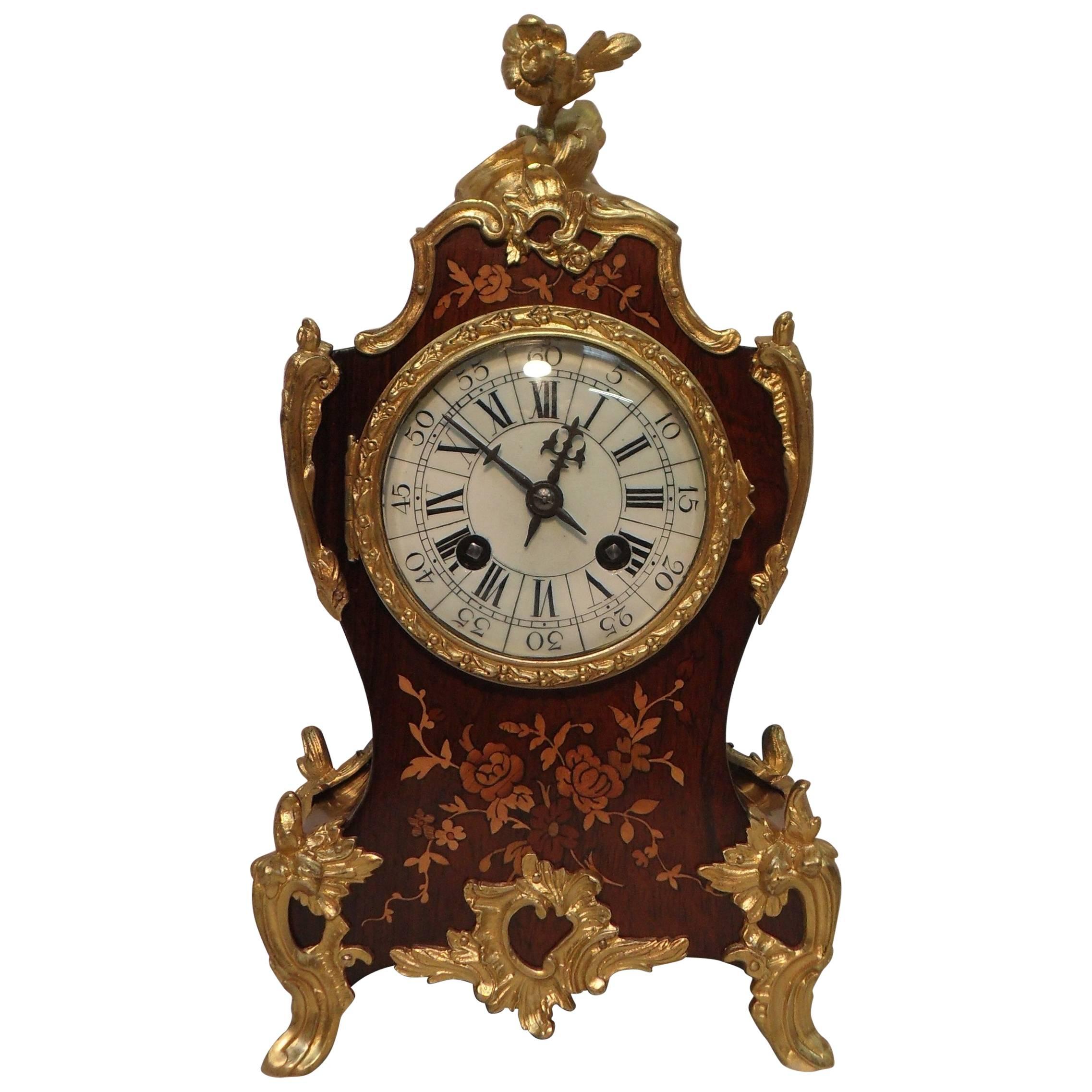French Louis XV Style Floral Marquetry Inlaid Mantel Clock