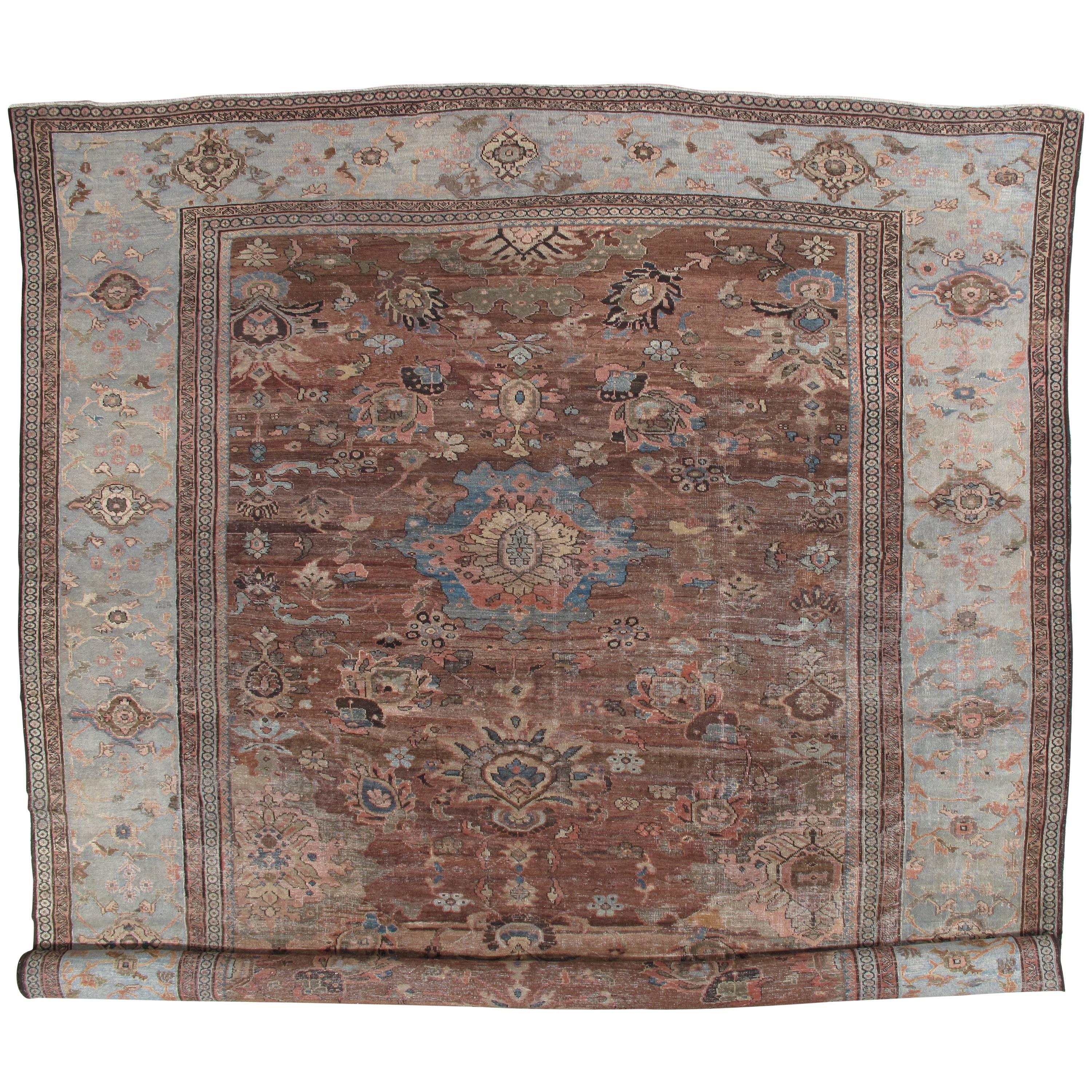 Antique Persian Sultanabad Carpet, Handmade Oriental Rug, Light Blue, Terracotta