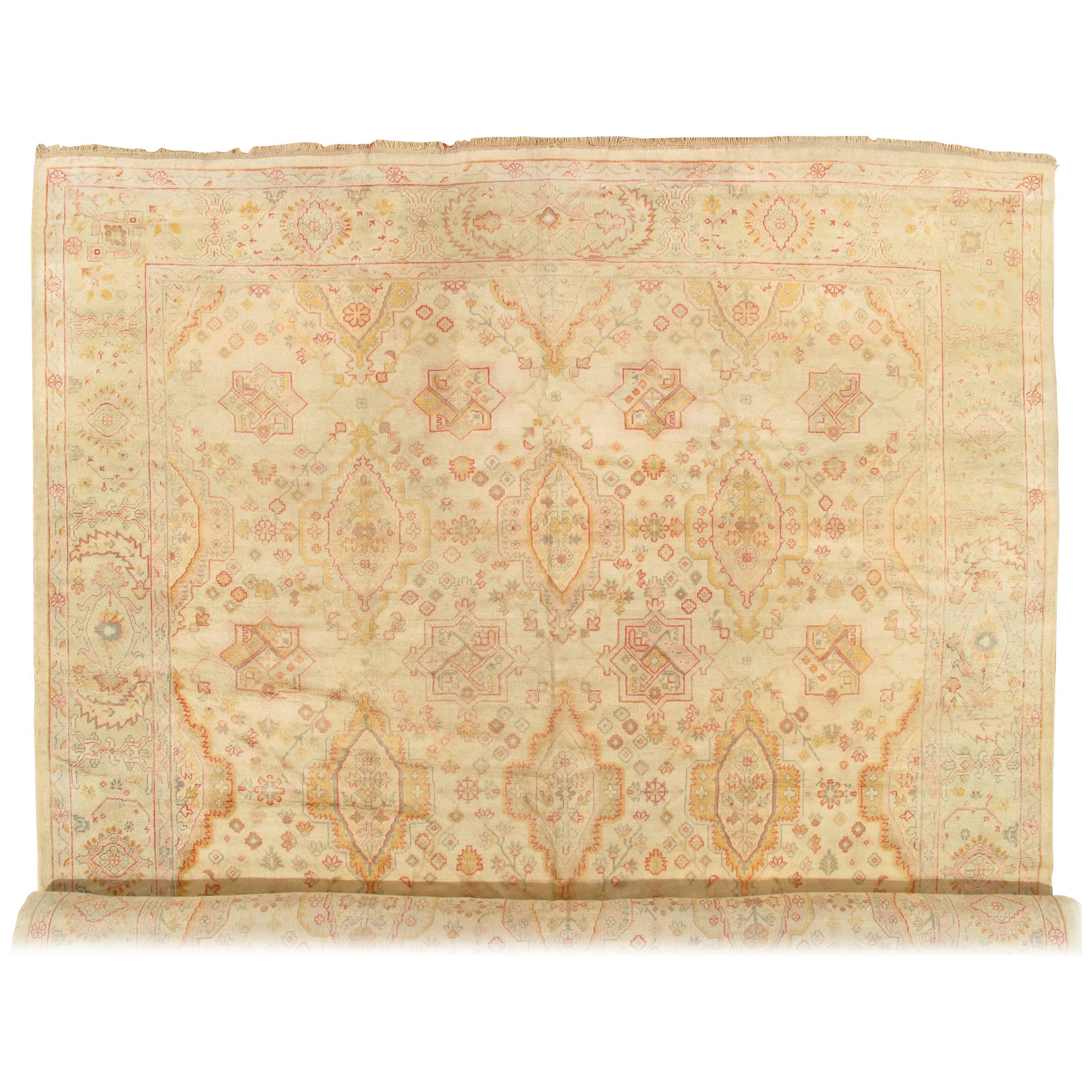 Antique Oushak Carpet, Oriental Rug, Handmade Ivory, Muted Shrimp, Soft Saffron For Sale