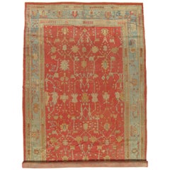 Antique Oushak Carpet, Oriental Rug, Handmade Coral, Ivory and Light Blue, Soft