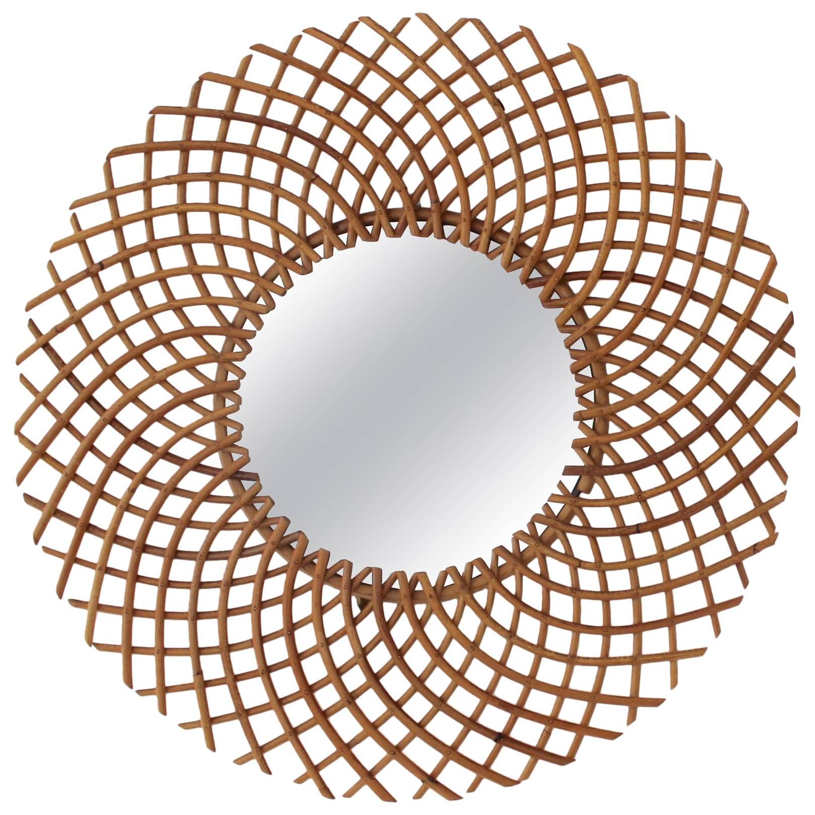 Mid-Century French Rattan Sunburst Mirror by Art Vannerie RR