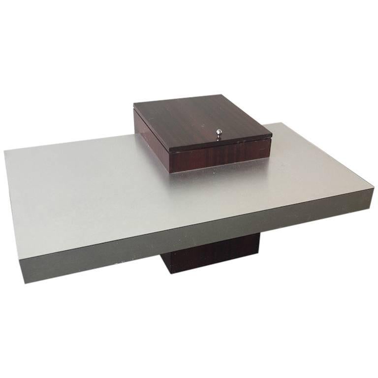 Amazing French Coffee Table in Brushed Aluminium with wooden Bar For Sale