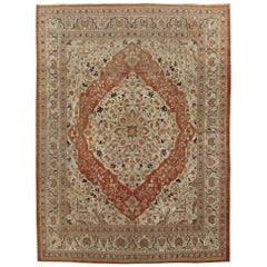 Antique Tabriz Carpet, Handmade Persian Rug in Floral Soft, Beige and Taupe