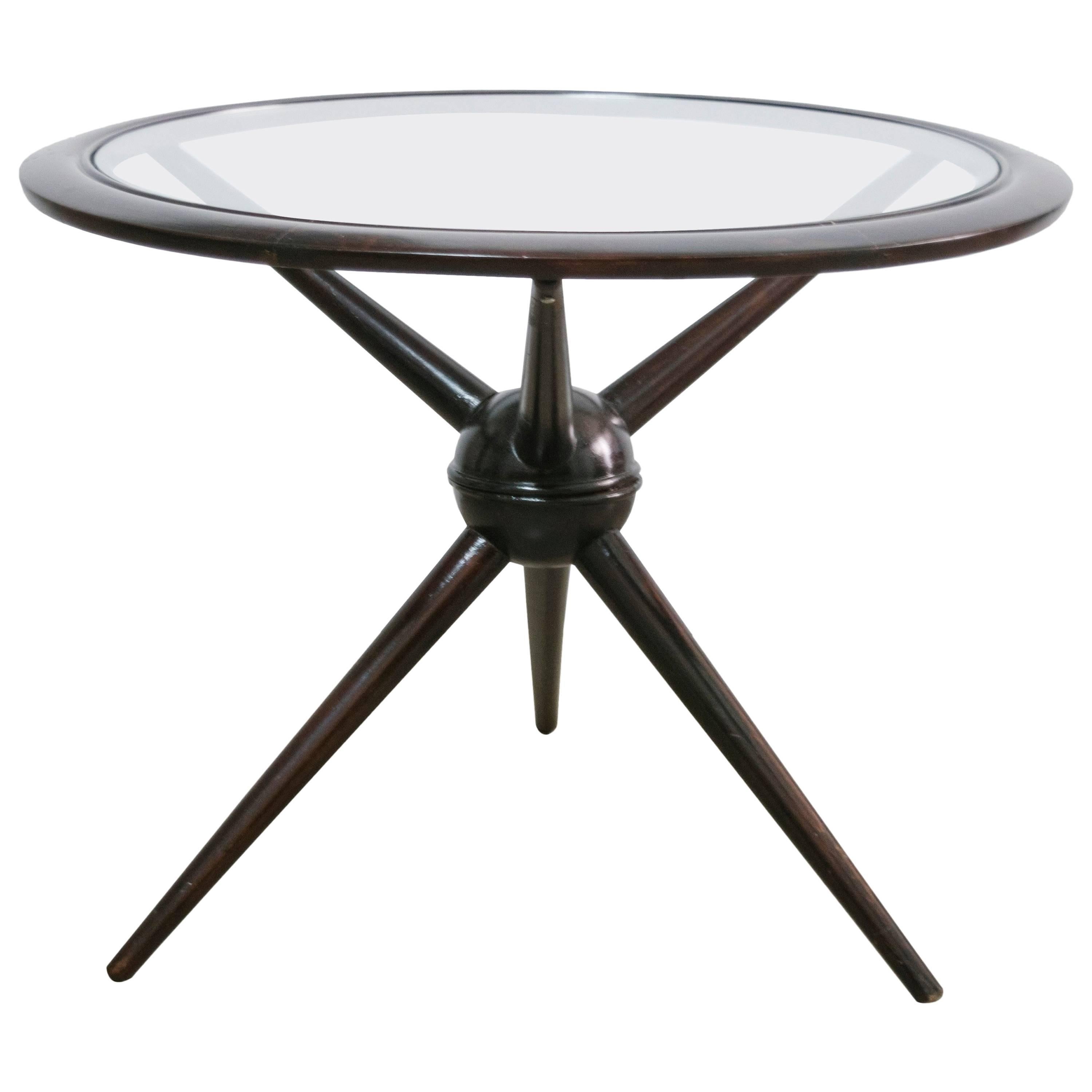 Cesare Lacca Vintage Tripod Mahogany Table with Glass Top For Sale