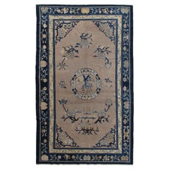 Antique Chinese Rug, Tan and Blue Oriental Handmade Wool Rug