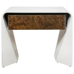 Donghia Tendu White Lacquer End Table with One Burled Walnut Veneer Drawer
