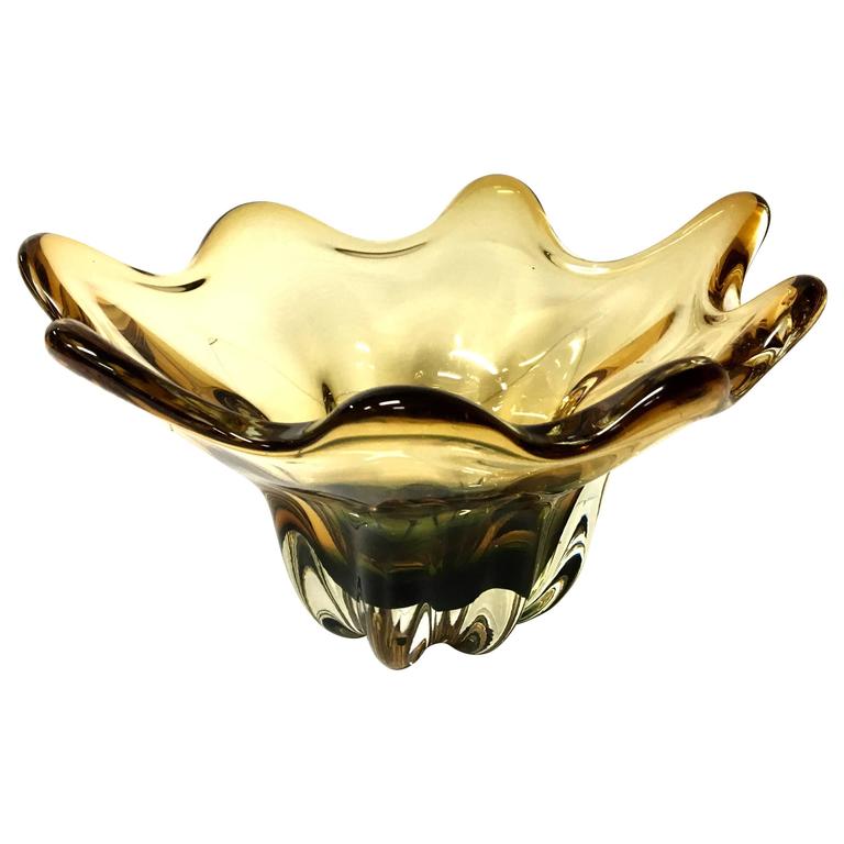 Elegant Gold and Green Murano Glass Candy Bowl Centerpiece For Sale at 1stdibs