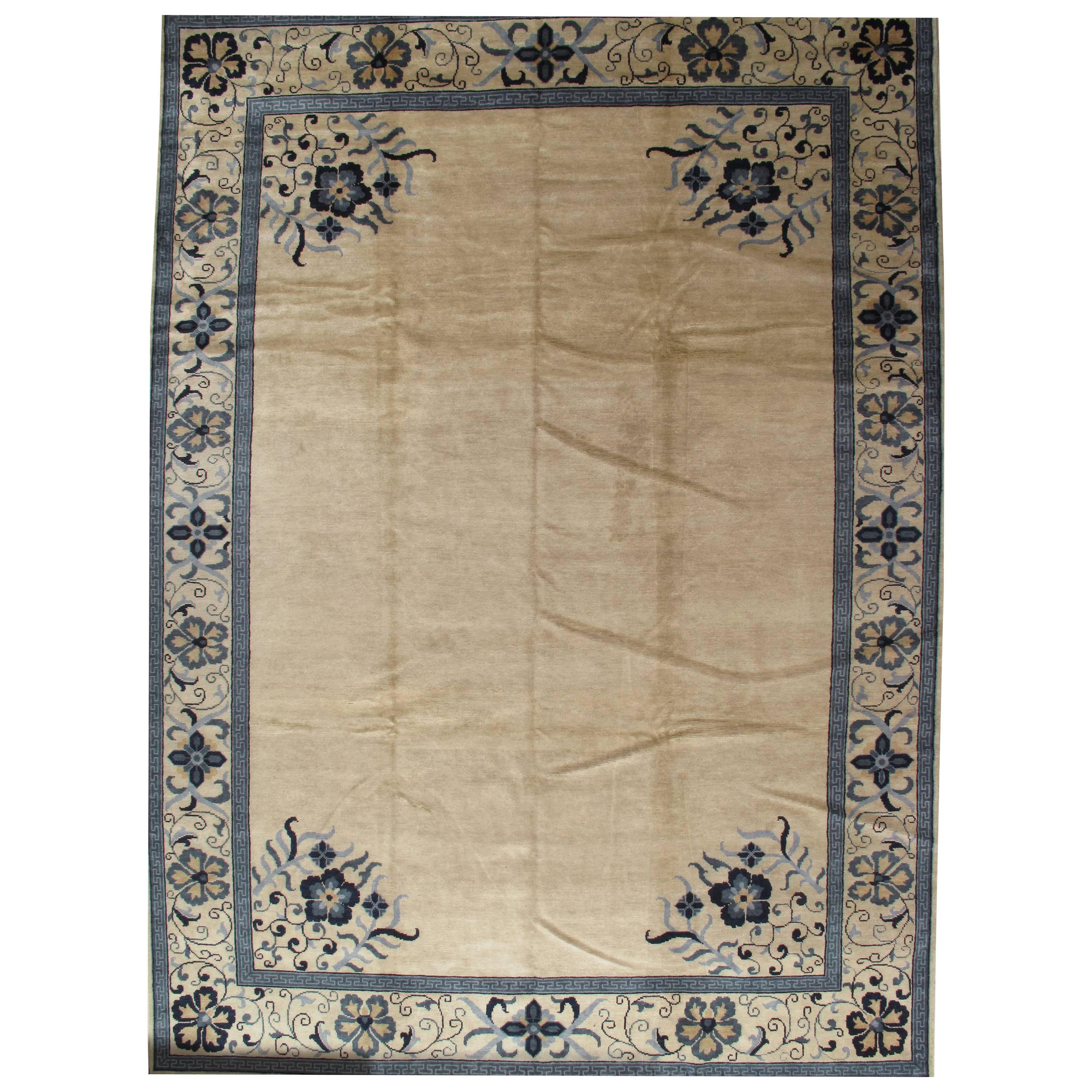 Vintage Chinese Carpet, Tan and Blue Carpet, Handmade Wool Rug For Sale