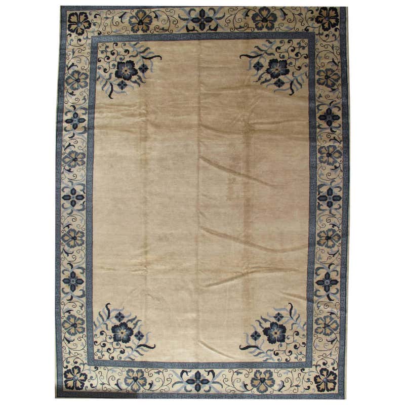 Antique Chinese Rug, Tan and Blue Oriental Handmade Wool Rug For Sale ...