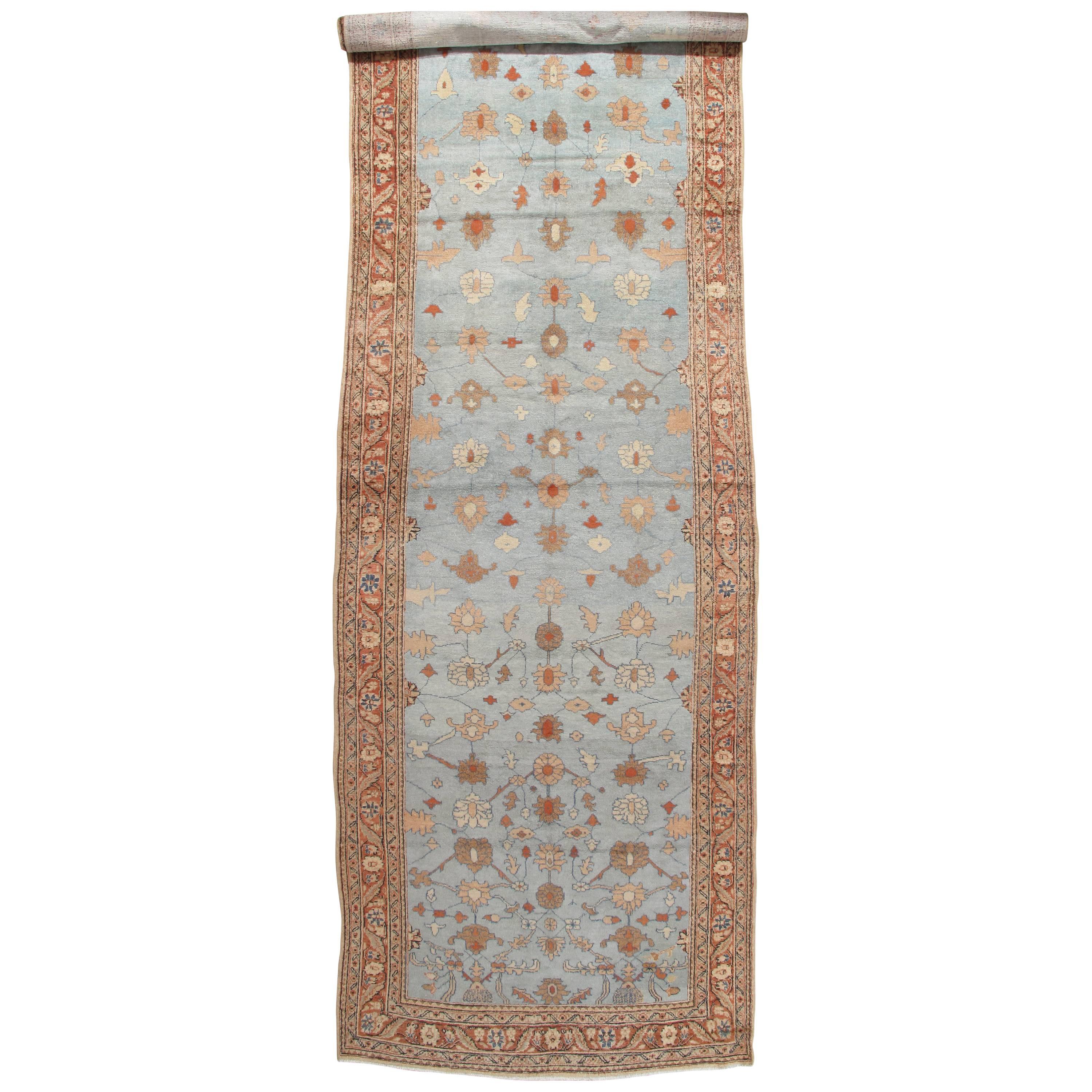 Antique Mahal Runner, Handmade Oriental Rug, Light Blue, Rust, All-Over Design