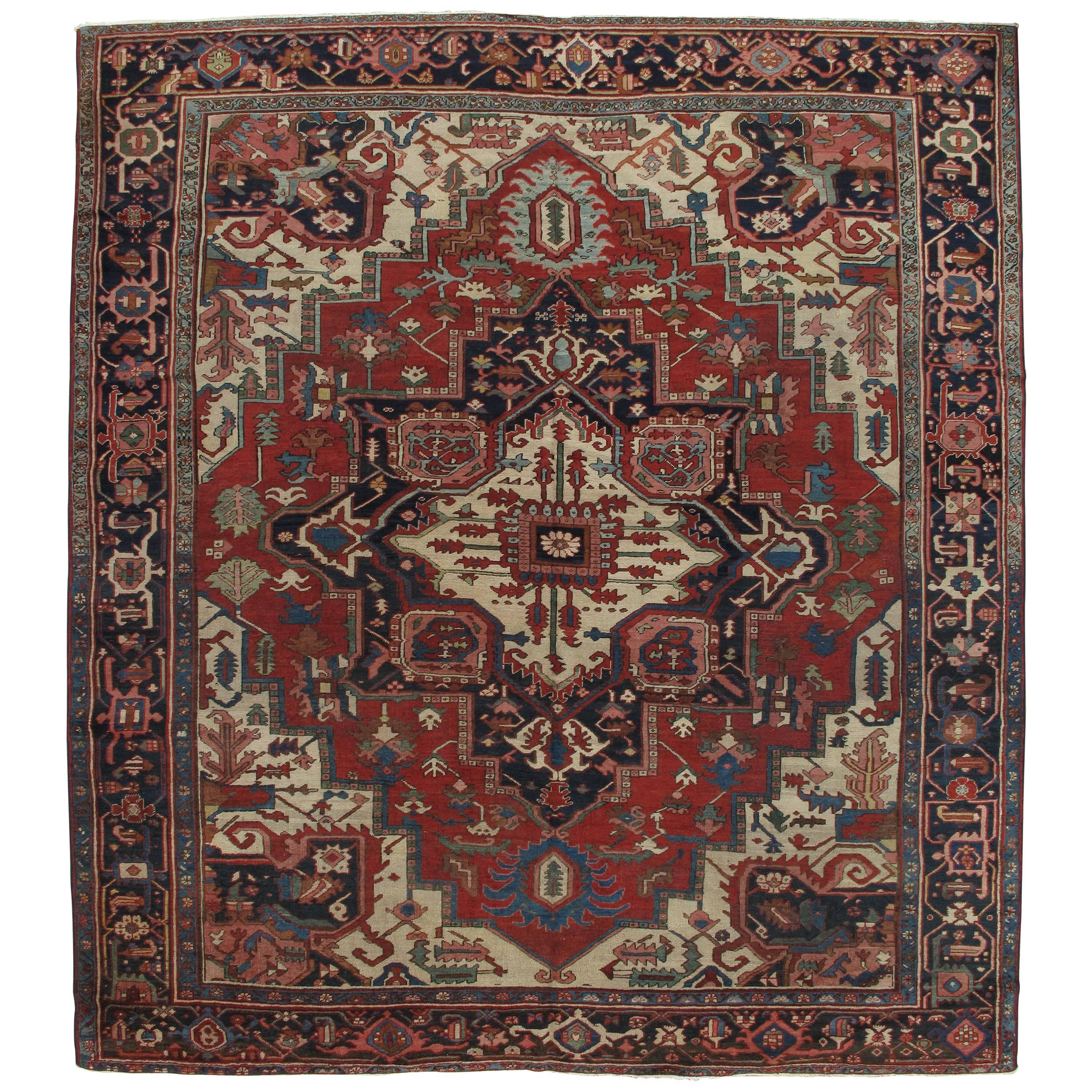 Antique Handsome Serapi Carpet, Handmade Wool Carpet Red Navy, Light Blue, Ivory For Sale