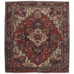 Antique Handsome Serapi Carpet, Handmade Wool Carpet Red Navy, Light Blue, Ivory