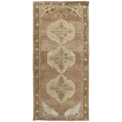 Vintage Turkish Kars Runner, Earth Tone Handmade Wool Oriental Runner, Taupe