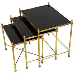 Set of Black Glass and Brass Nesting Tables by Maison Jansen