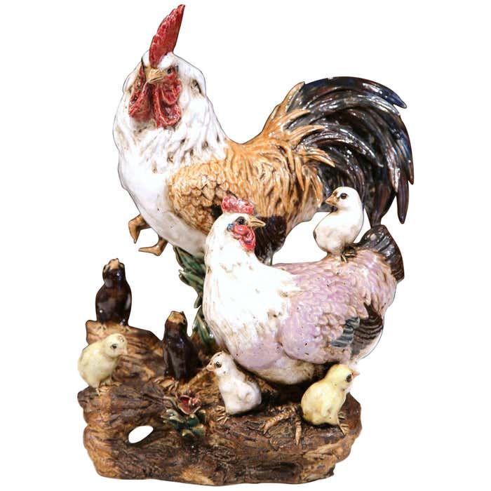 Colorful French Hand-Painted Barbotine Chicken Family Sculpture at 1stDibs