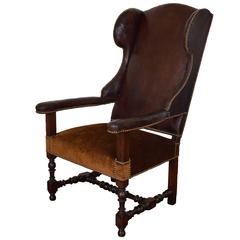 Antique French Louis XIII Period Leather & Velvet Upholstered Fauteuil, 18th Century
