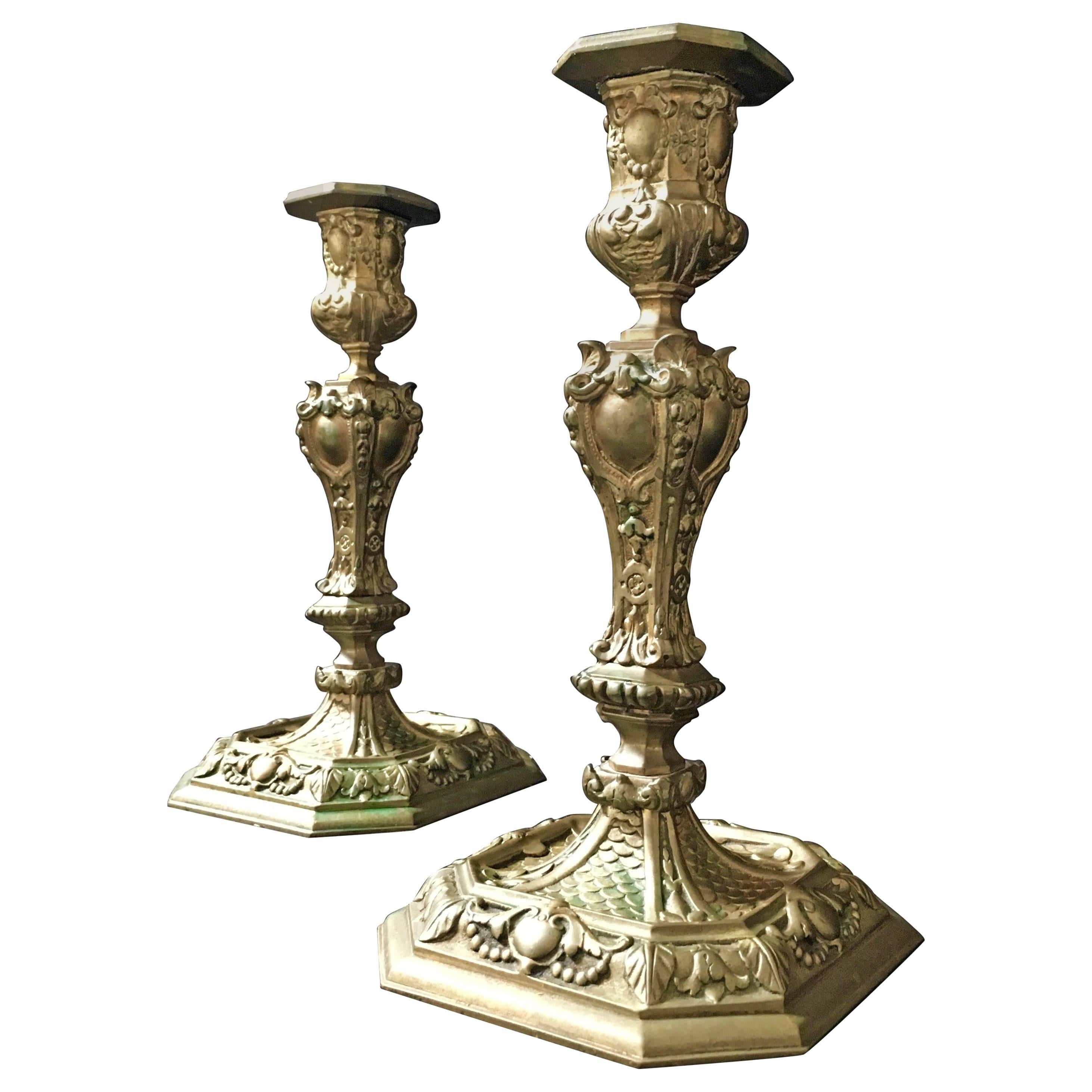 19th Century Rococo Style Brass Candle Sticks