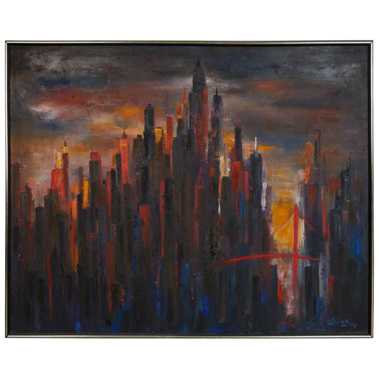 Large Cityscape Skyline Oil Painting, by Dietrich Grunewald for Van Amstel