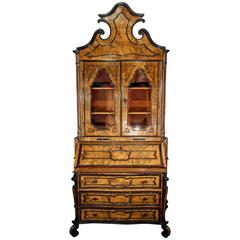 Antique Italian Lombardy Trumeau Secretary Hutch Walnut and Burl Veneer 1840