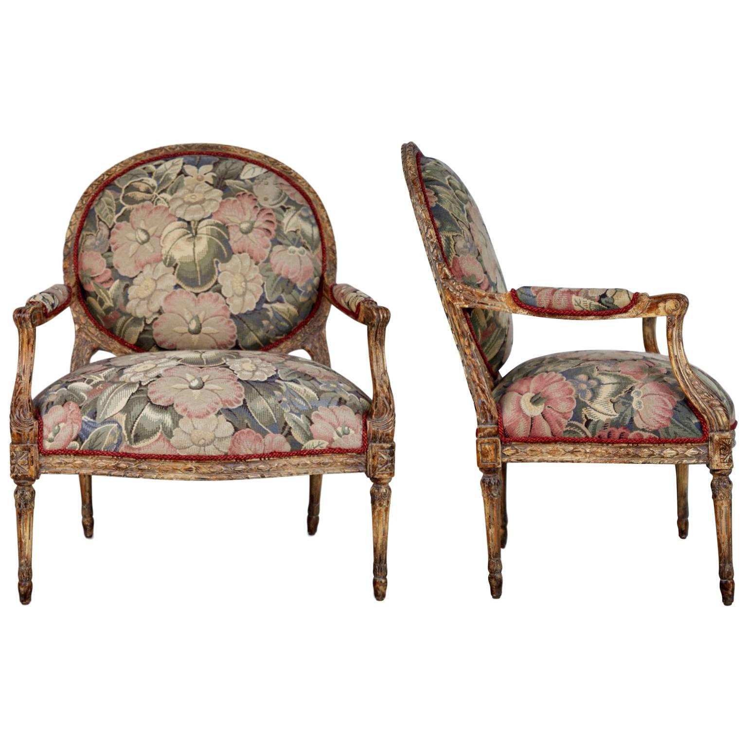 Pair of Louis XVI Style Armchairs with Tapestry Floral Fabric *MOVING SALE*