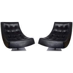 Large Modern Tufted Black Leather Swivel Scoop Lounge Chairs, Pair, circa 1980 8