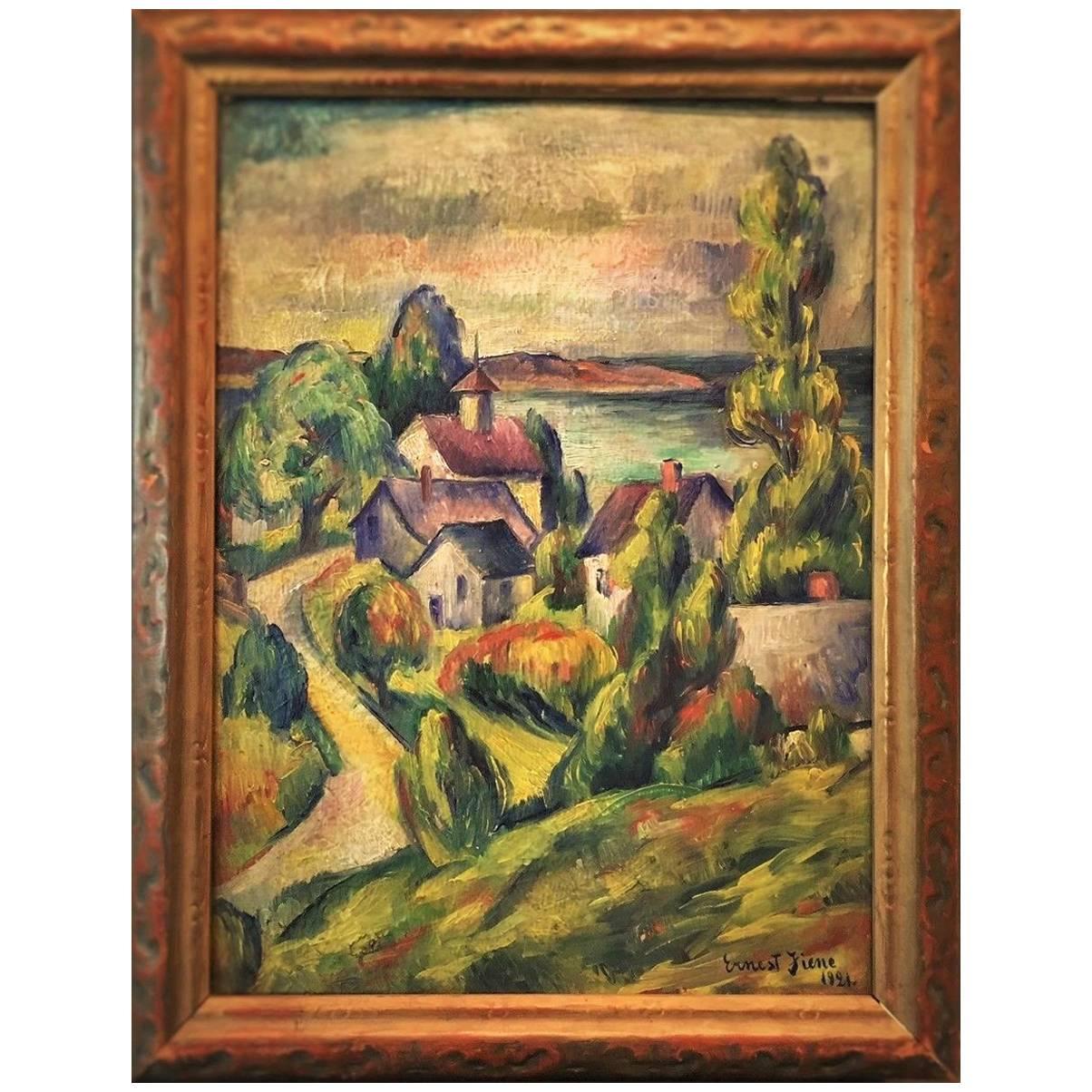 Ernest Fiene, paysage de village du Connecticut, peinture à l'huile, vers 1921 en vente