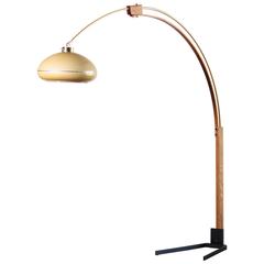 Brass and Wood Arc Floor Lamp