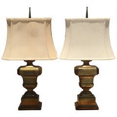 Pair of Neoclassical Urn Patinated Brass Lamps