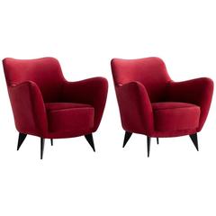 Giulia Veronesi Pair of Perla Armchairs in Red Velvet, Isa Bergamo, 1950s 2