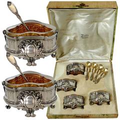 Antique Fabulous French Sterling Silver 18-Karat Gold Four Salt Cellars, Spoons, Box