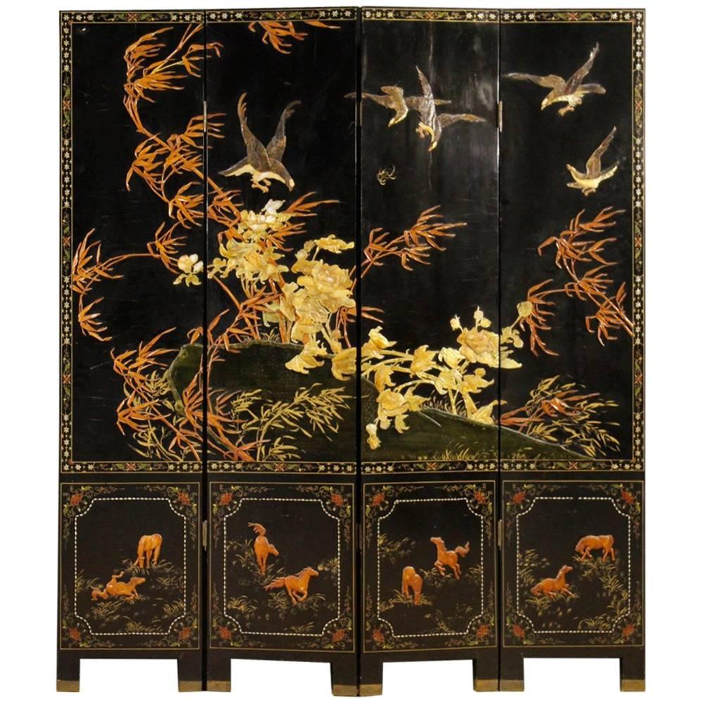 20th Century French Chinoiserie Lacquered and Painted Screen