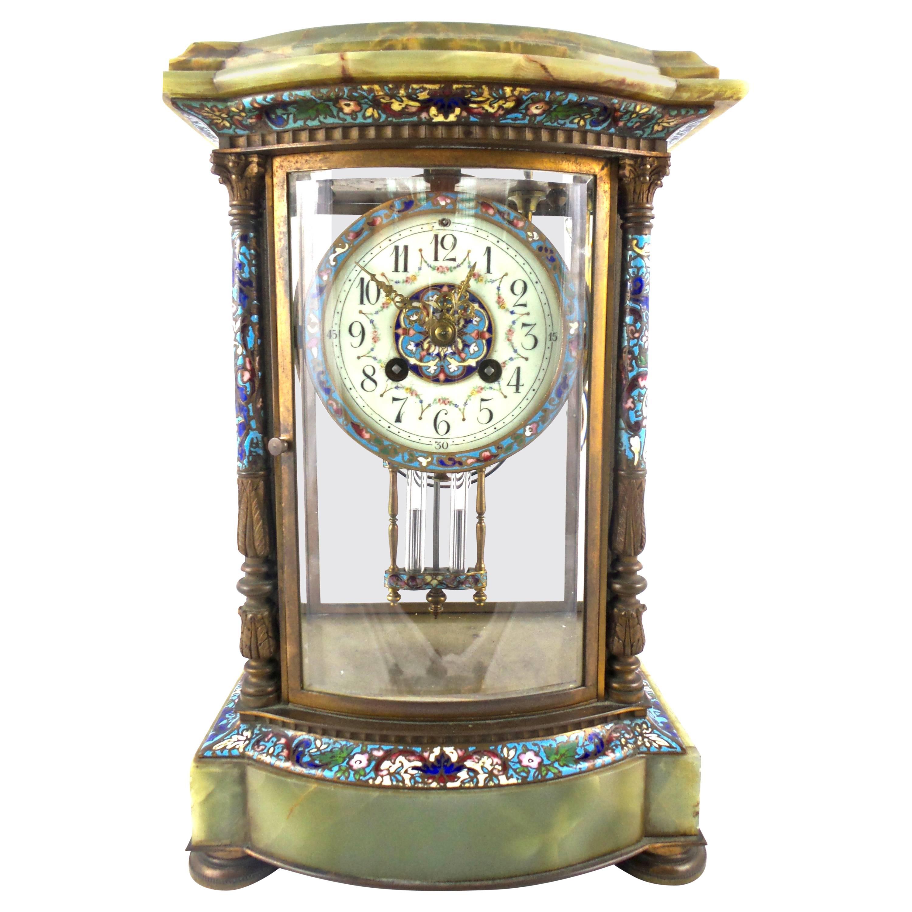 French 19th Century Four Glass Crystal Regulator Champleve and Onyx Mantle Clock