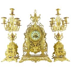 Antique French Japy Freres XL Large Pierced Gilt Brass Mantle Clock Garniture Set
