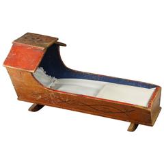 19th Century American Primitive Folk Art Painted Hooded Doll Cradle, circa 1840 9
