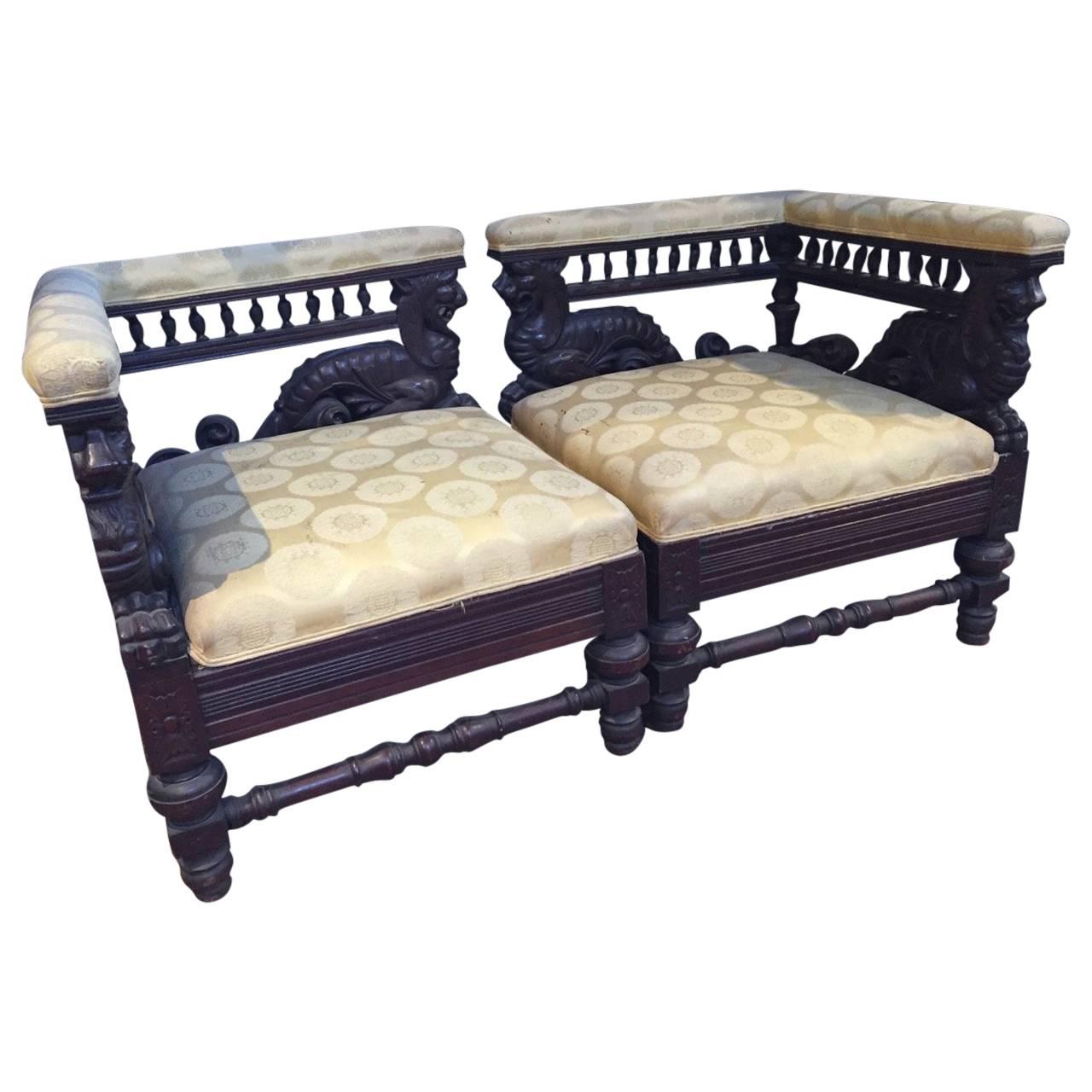 Handsome Ornately Carved Wood Two-Piece Settee Loveseat