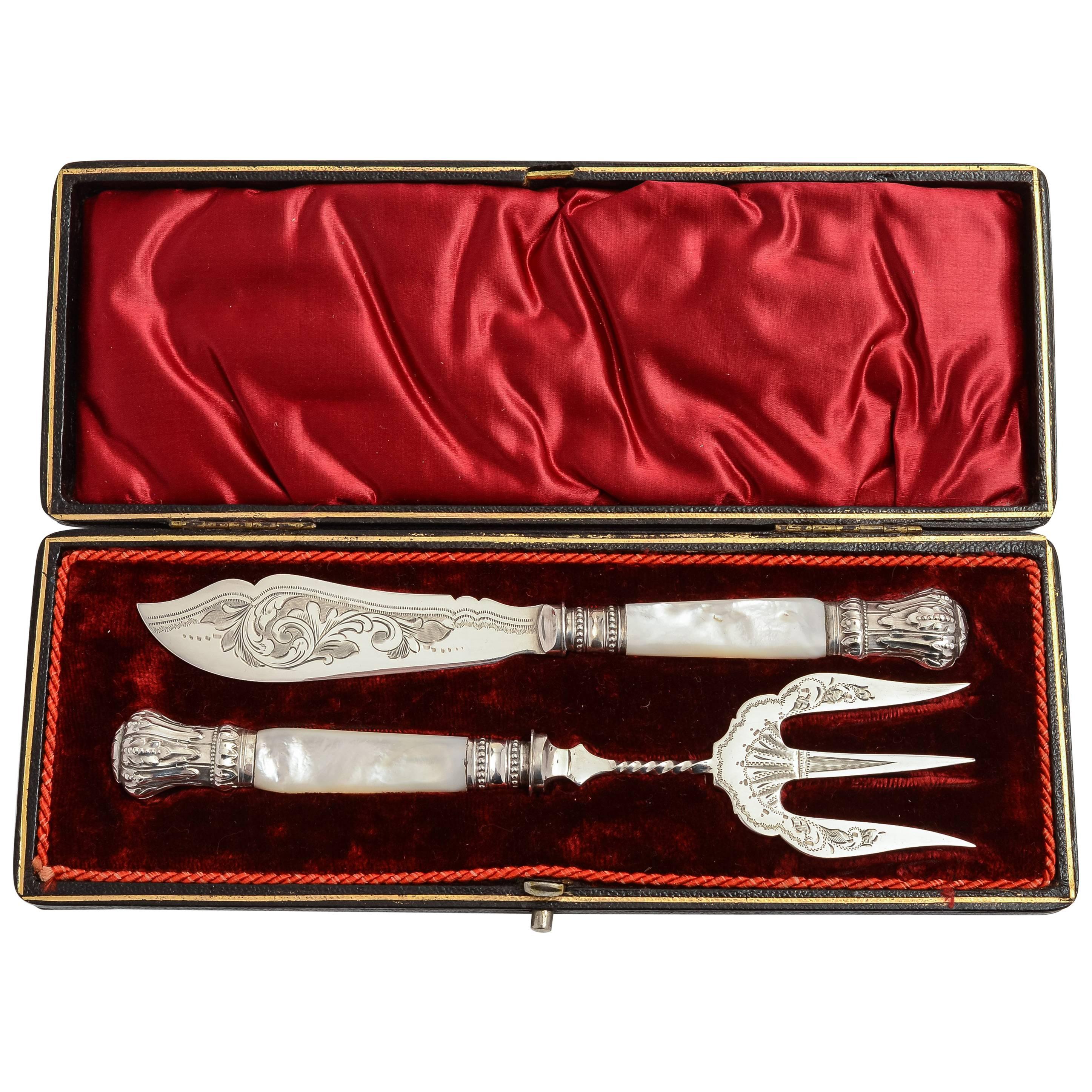 19th Century Victorian Silver Plated Butter Knife and Bread Fork Set at