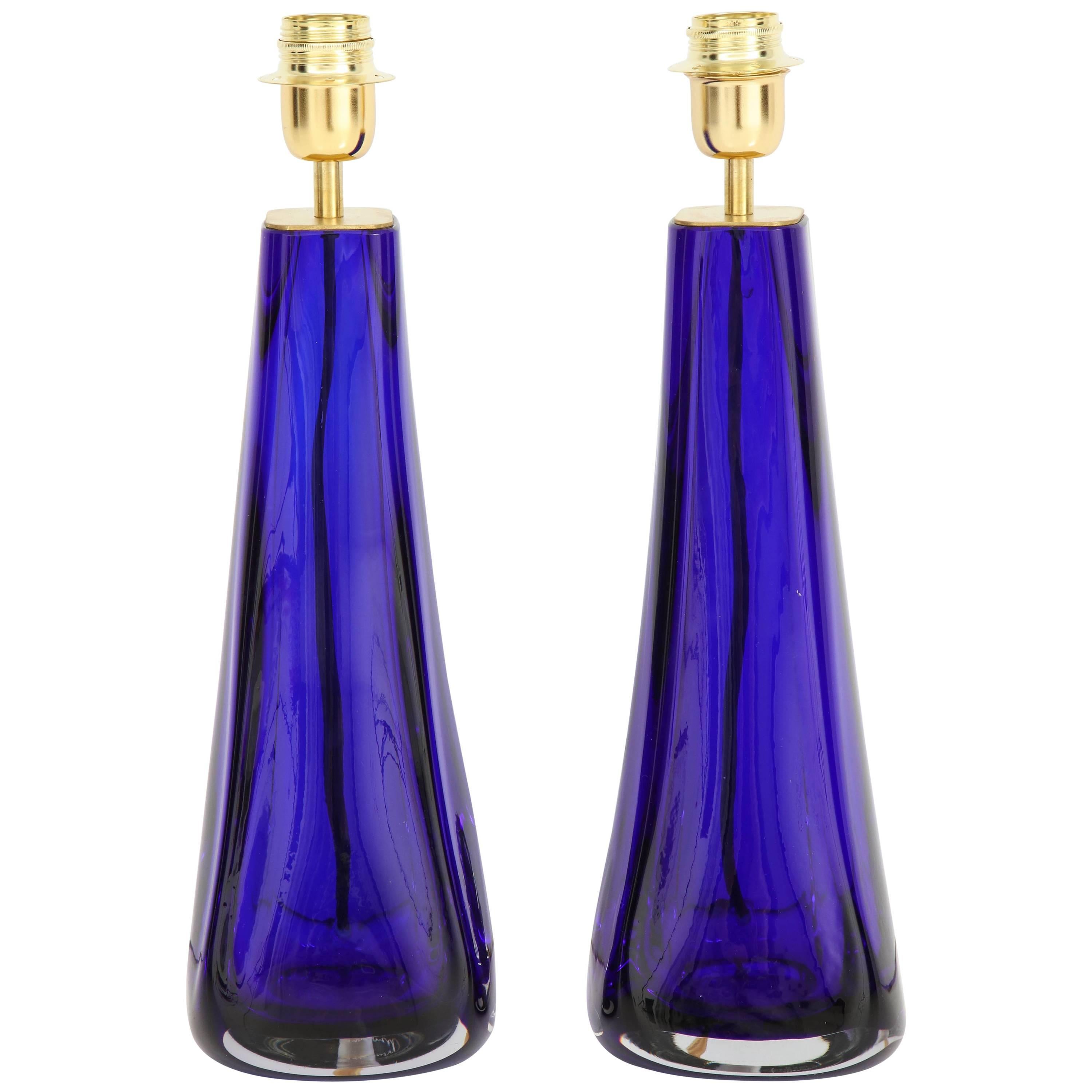 Pair of Italian Cobalt Blue "Sommerso" Murano Glass Lamps