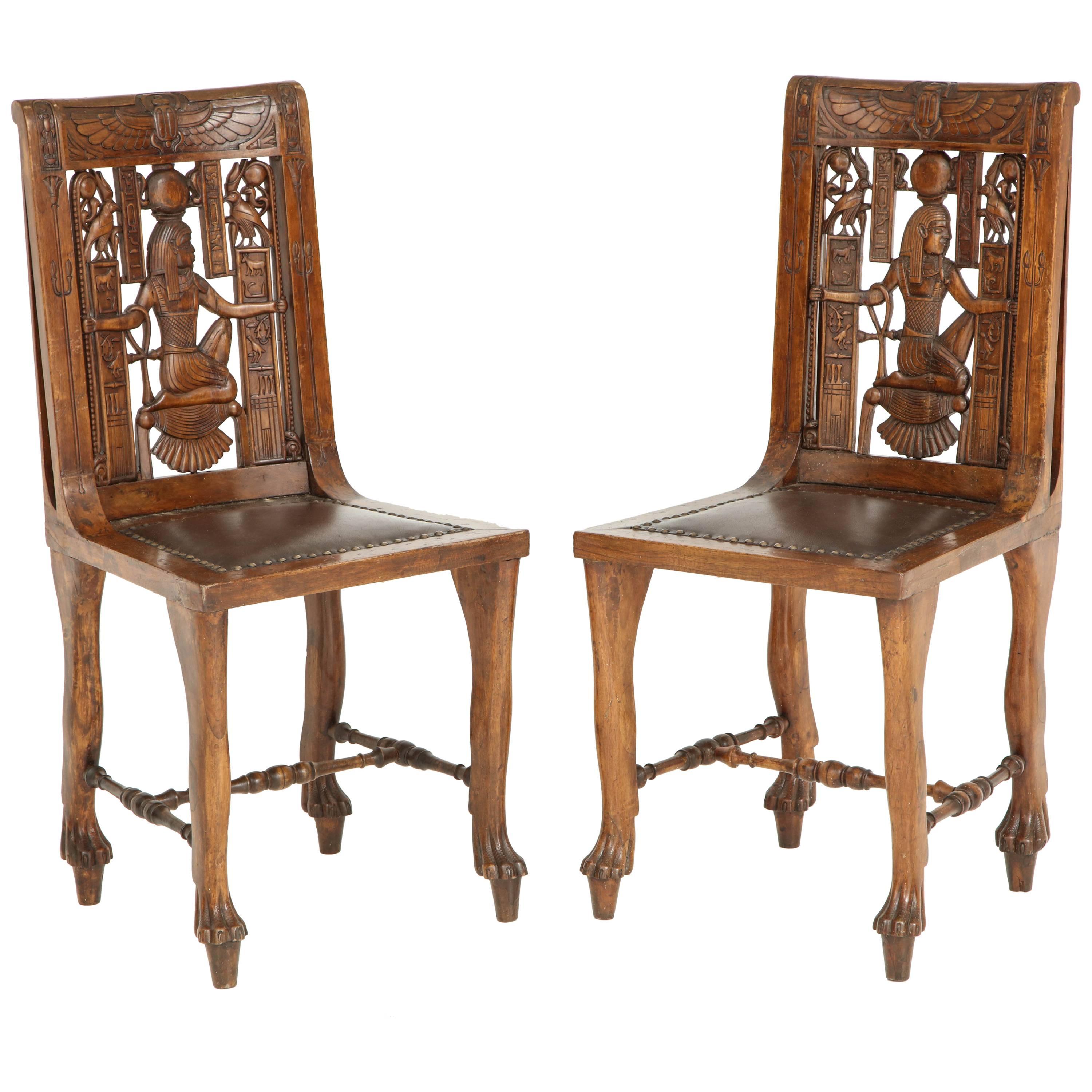 Pair of Egyptian Revival Fruitwood Side Chairs, circa 1900