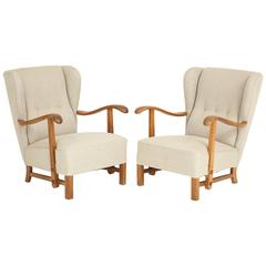 Pair of Danish Oak and Upholstered Open Armchairs, circa 1940s
