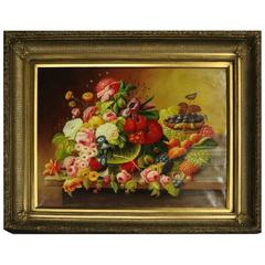 Vintage Floral Still Life Oil on Canvas Painting after Severin Roesen circa 1950