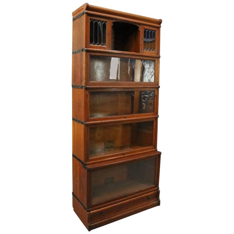 Antique Oak And Leaded Glass Five Stack, Lawyers Bookcase With Leaded Glass