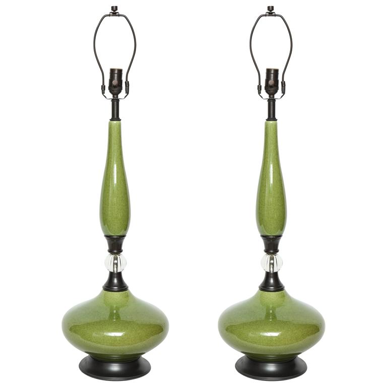 MidCentury Moss Green Ceramic Lamps For Sale at 1stdibs