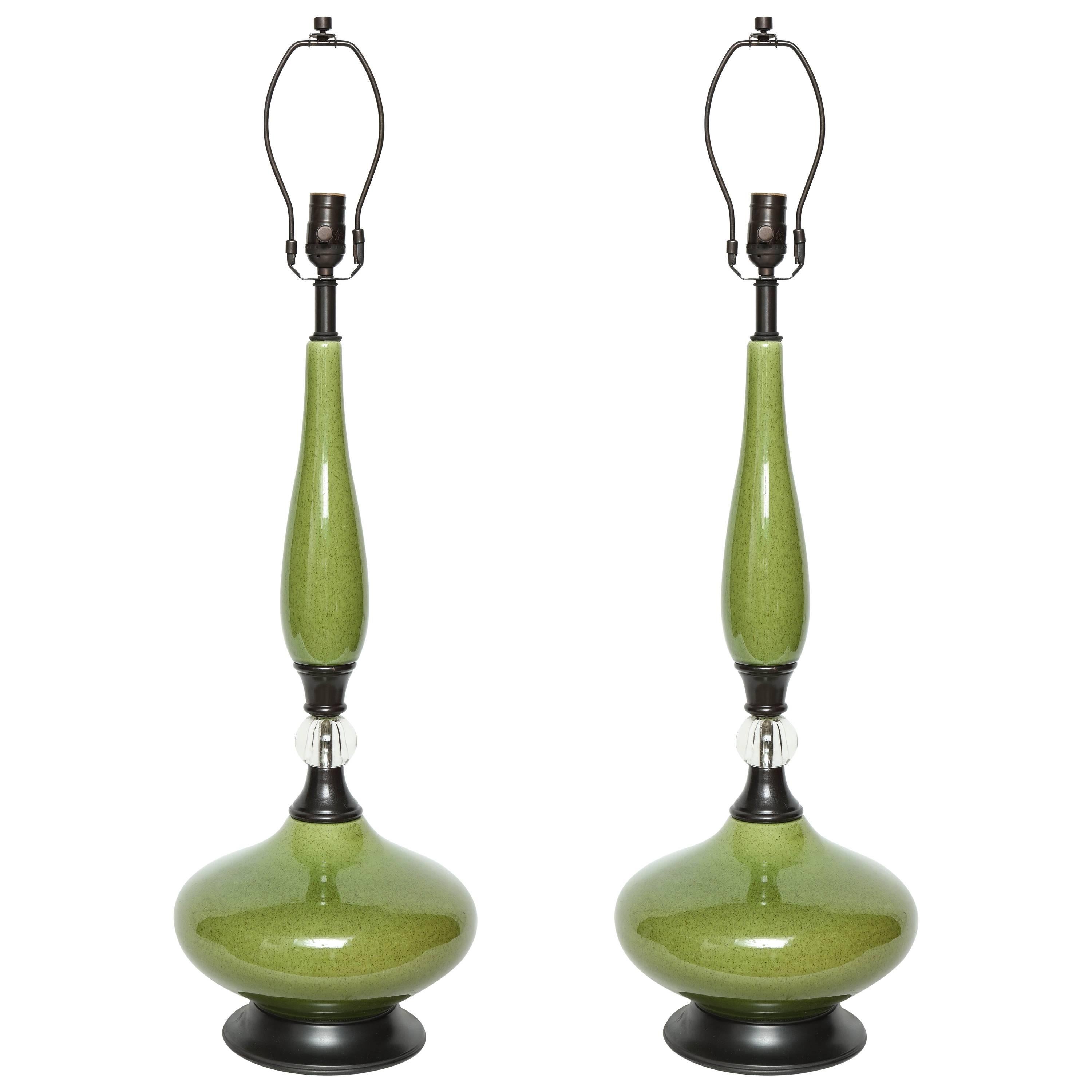 Mid-Century Moss Green Ceramic Lamps For Sale